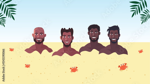 Four men having fun together while buried in warm summer sand