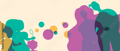 Parents with many children with kids playing with soap bubbles, silhouette vector stock illustration as Authentic Family silhouettes, copy space template for overlay