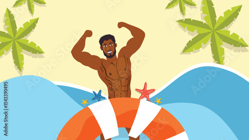 Shirtless muscular man showing biceps beside beach waves and lifebuoy