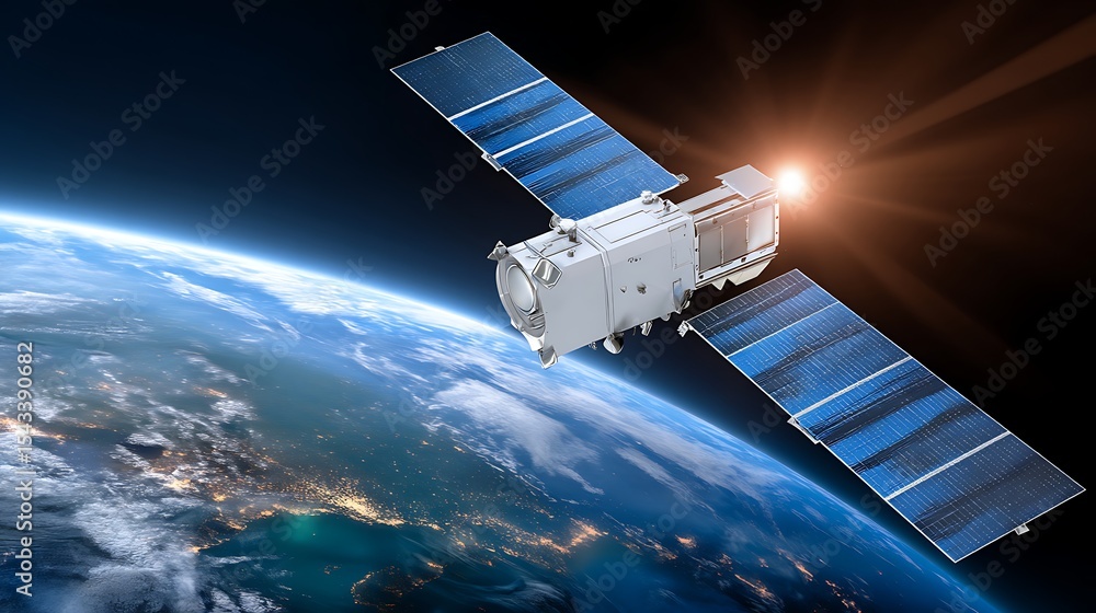 Fototapeta premium Satellite in Orbit Over Earth with Sunlight Illuminating Space