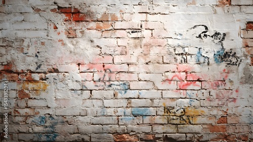 Distressed white brick wall texture background with graffiti and paint marks