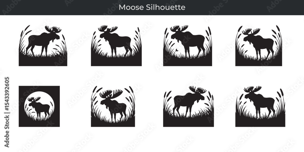 Fototapeta premium Black silhouettes of moose in nature settings with grass and cattails graphic designs