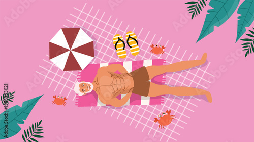 Shirtless man relaxing on beach mat with drink shoes and sea animals