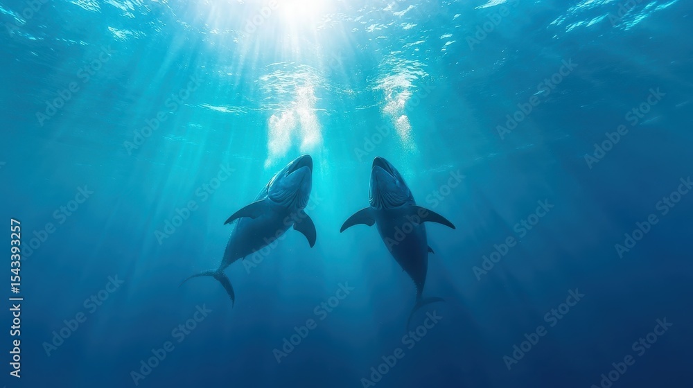 Fototapeta premium Two majestic sharks glide effortlessly through the crystal-clear blue waters, showcasing the elegance and power of marine life in a stunning underwater environment.