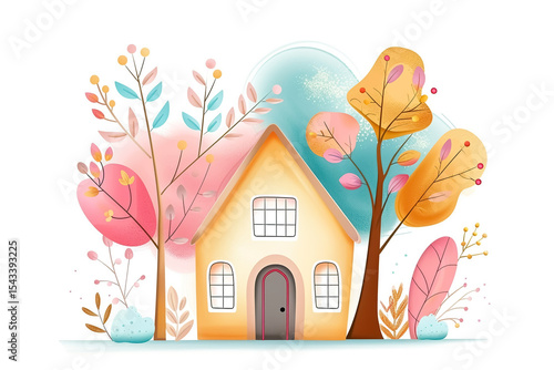 New Home Greeting Card with Cozy House and Trees  Illustration
