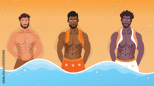 Three shirtless men standing together in water during tropical sunset