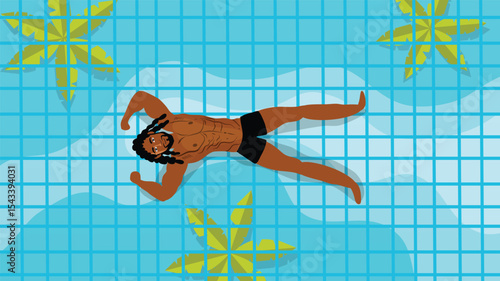 A shirtless man lying calmly on water with tropical tiles and palm leaves