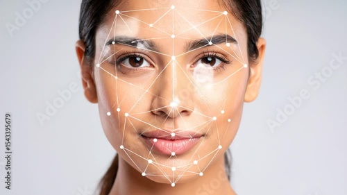 Facial recognition technology displaying face scan points on a beautiful young woman