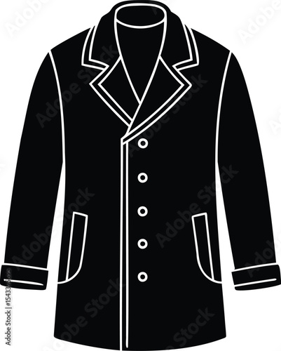 Black and white vector graphic depiction of a long sleeved overcoat
