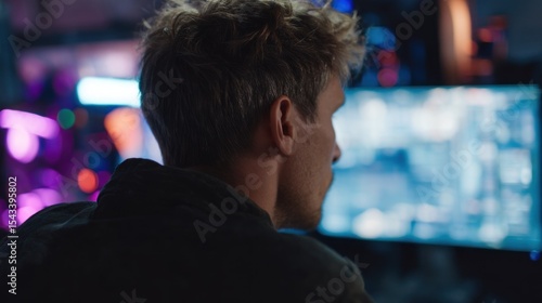 Focused male watching screen with abstract glowing lights behind him