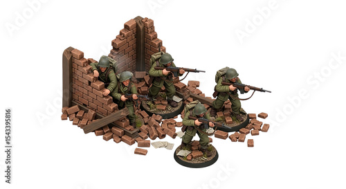 Miniature American Infantry Squad Advancing Through War-Torn Ruins, Ready for Battle, Dressed in Authentic WWII Uniforms with M1 Garand Rifles, on a Detailed Diorama Base