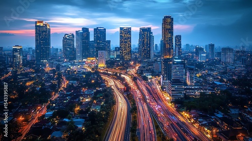 Fototapeta Naklejka Na Ścianę i Meble -  A stunning aerial view of Jakarta city skyline at dusk