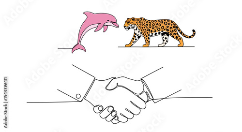 Handshake beneath the pink river dolphin and the jaguar — a symbol of agreement on protecting endangered species in the Brazilian Amazon