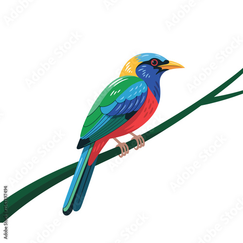 Vector Illustration of a Colorful Tropical Bird Perched on a Tree Branch