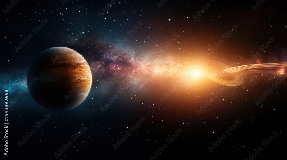 Obraz premium A stunning cosmic scene captures vibrant celestial bodies and swirling galaxies, showcasing the beauty and mystery of the universe in a captivating composition.