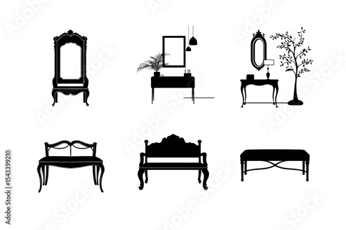 Silhouette set of elegant furniture and decor