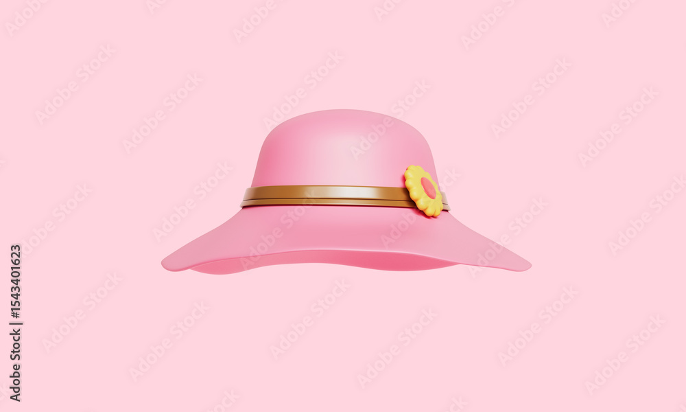 Fototapeta premium 꽃 무늬 장식 핑크 밀짚 모자 Pink Straw Sun Hat with Floral Decoration