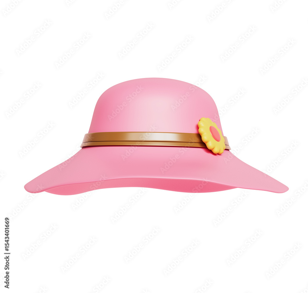 Fototapeta premium 꽃 무늬 장식 핑크 밀짚 모자 Pink Straw Sun Hat with Floral Decoration