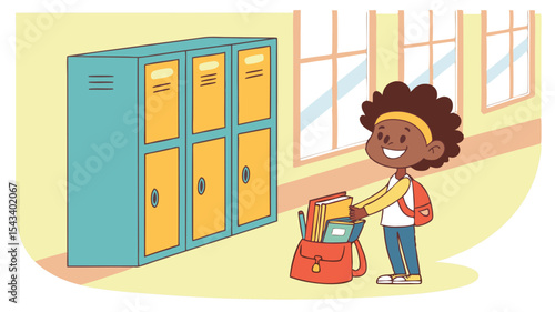 Illustration of a student with a backpack standing near lockers in a school hallway with windows