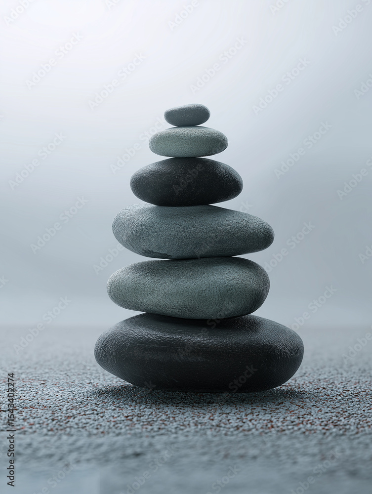 Smooth dark grey stones stacked in balance surrounded by soft white mist, peaceful zen-like atmosphere, spa wellness concept, minimal and calming background Smooth dark grey stones stacked in balance surrounded by soft white mist, peaceful zen-like atmosphere, spa wellness concept, minimal and calming background