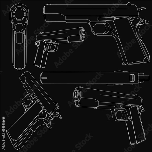 Detailed blueprint of a Colt handgun on a black background, showcasing the barrel, trigger, grip, and internal mechanisms. Ideal for technical or firearm-related projects.