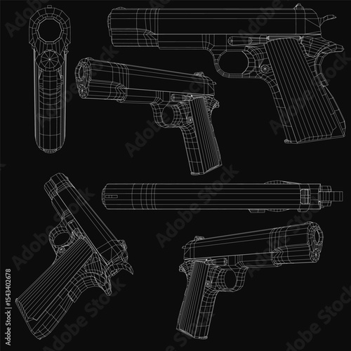 Colt handgun 3D model blueprint on black background, featuring detailed barrel, handle, and trigger components. Realistic rendering highlights the gun's mechanical structure and design.