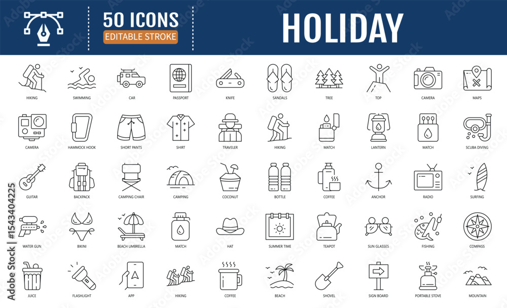 Fototapeta premium Holiday icon set. Containing vacation, plane,passport, hotel, palm tree, travel, beach, sunset, island andmore. Vector illustration