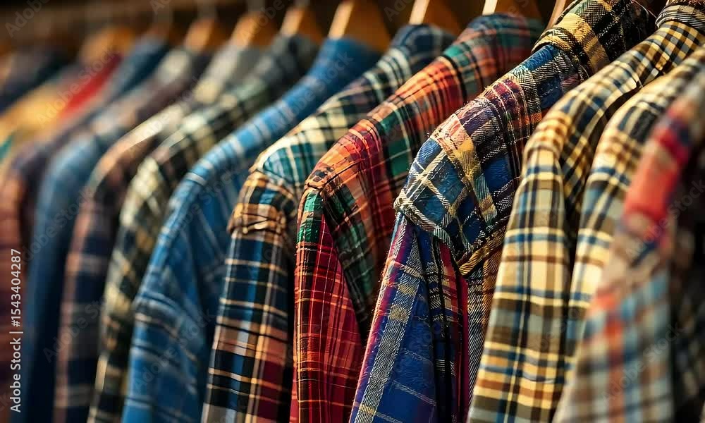 Rows of Plaid Flannel Shirts Hanging on Rack: Apparel Collection Showcase Rows of Plaid Flannel Shirts Hanging on Rack: Apparel Collection Showcase