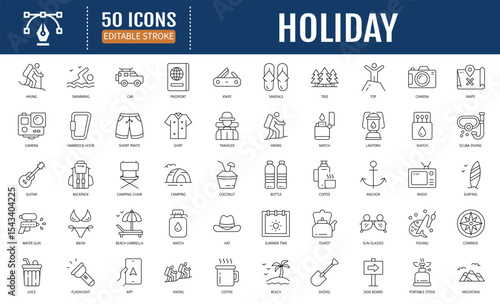 Holiday line editable icon set. Containing vacation, plane,
passport, hotel, palm tree, travel, beach, sunset, island and
more. Vector illustration