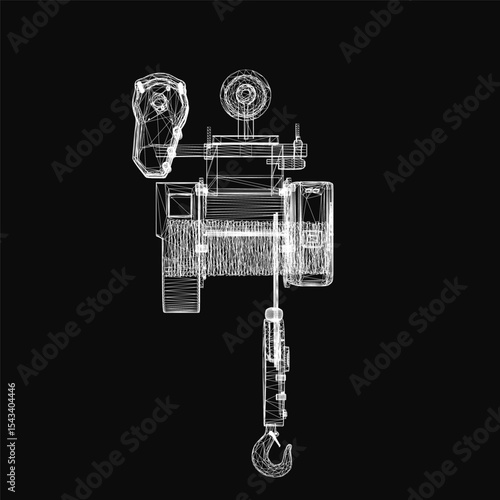 Wireframe crane illustration on black background highlights intricate mechanical details, including boom, hook, and support structure. The clean white lines contrast sharply against the dark backdrop.
