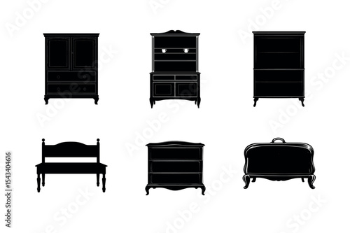 Six black silhouettes of antique furniture
