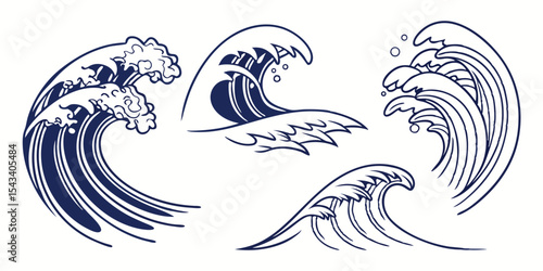 Blue and White Stylized Ocean Wave Illustrations Set Against a White Background