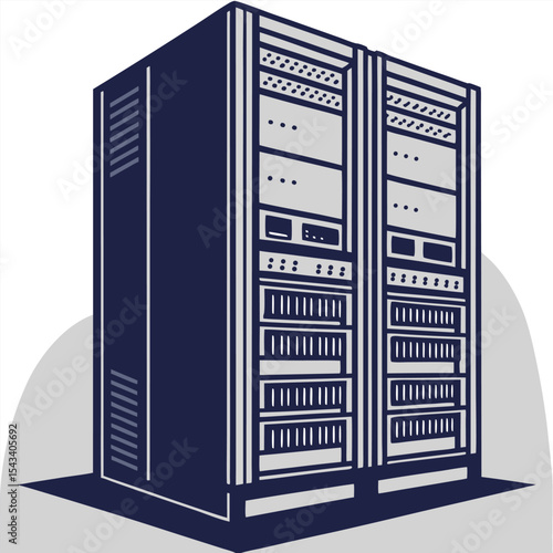 Cartoon illustration of a data center server rack for network infrastructure