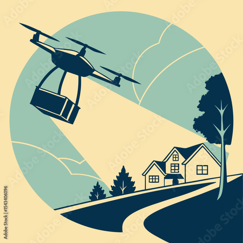 Drone delivery to a suburban neighborhood, vector style, illustration, poster design