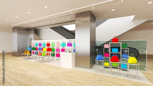 3d interior design of department store rendering selling colorful bags
