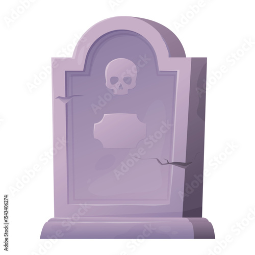An illustration of a tombstone decorated with a skull and with visible cracks, on a clean white background highlighting its details.