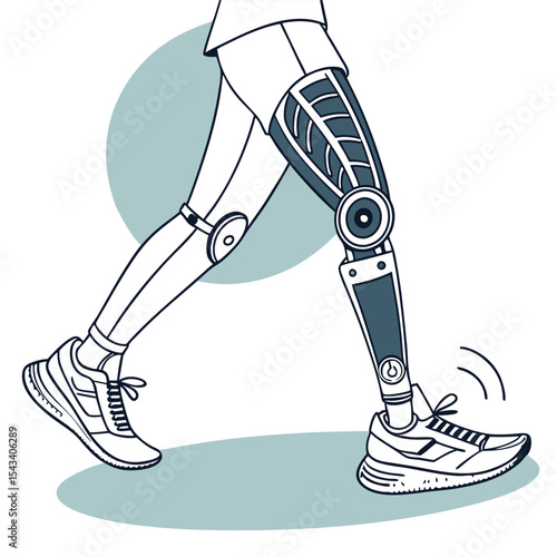 Futuristic prosthetic leg advancing in sneakers illustration of technology in motion