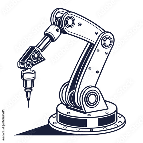 Intricate line art illustration of industrial robot arm with precision tool