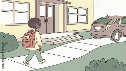 A young person with a backpack walking towards a house with a car parked in the driveway outside the home