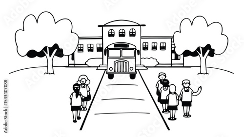 Illustration of a school building with a bus and students on the driveway in black and white style