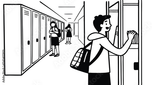 Illustration of students in a school hallway with lockers and one student opening a locker near the viewer
