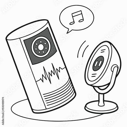 Two cartoon speakers generating sound and music on a round surface