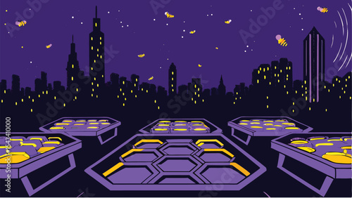 Illustration of beehives in a city with bees flying around at night in a purple color scheme
