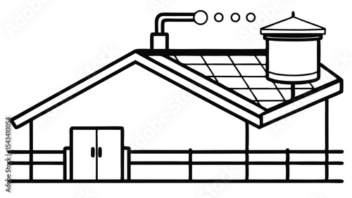 Illustration of a simple building with a water tower chimney and fence in black and white style