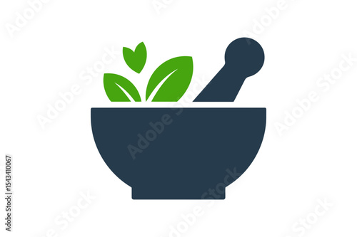 Mortar and pestle with green leaves illustration