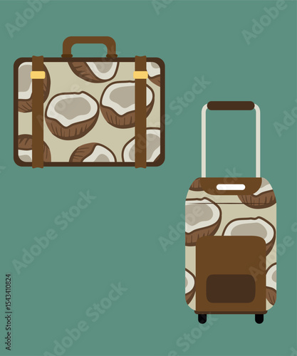 Flat Design Illustration with Valise,  Bag at Coconut  Pattern