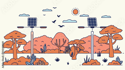 Illustration of solar powered street lights in a park with trees and birds in the sky above them