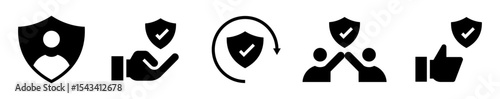 Conjunto de iconos sólidos de protección y seguridad. Confianza, respaldo, validación y antivirus. Ilustración vectorial