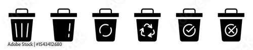 Conjunto de iconos sólidos de papelera. Contenedor de basura, reciclaje, eliminación y gestión de residuos. Ilustración vectorial