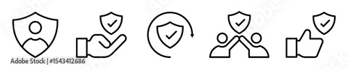 Conjunto de iconos de protección y seguridad. Confianza, respaldo y validación. Escudo con usuario, mano protectora, recarga segura, saludo confiable y aprobación positiva. Ilustración vectorial